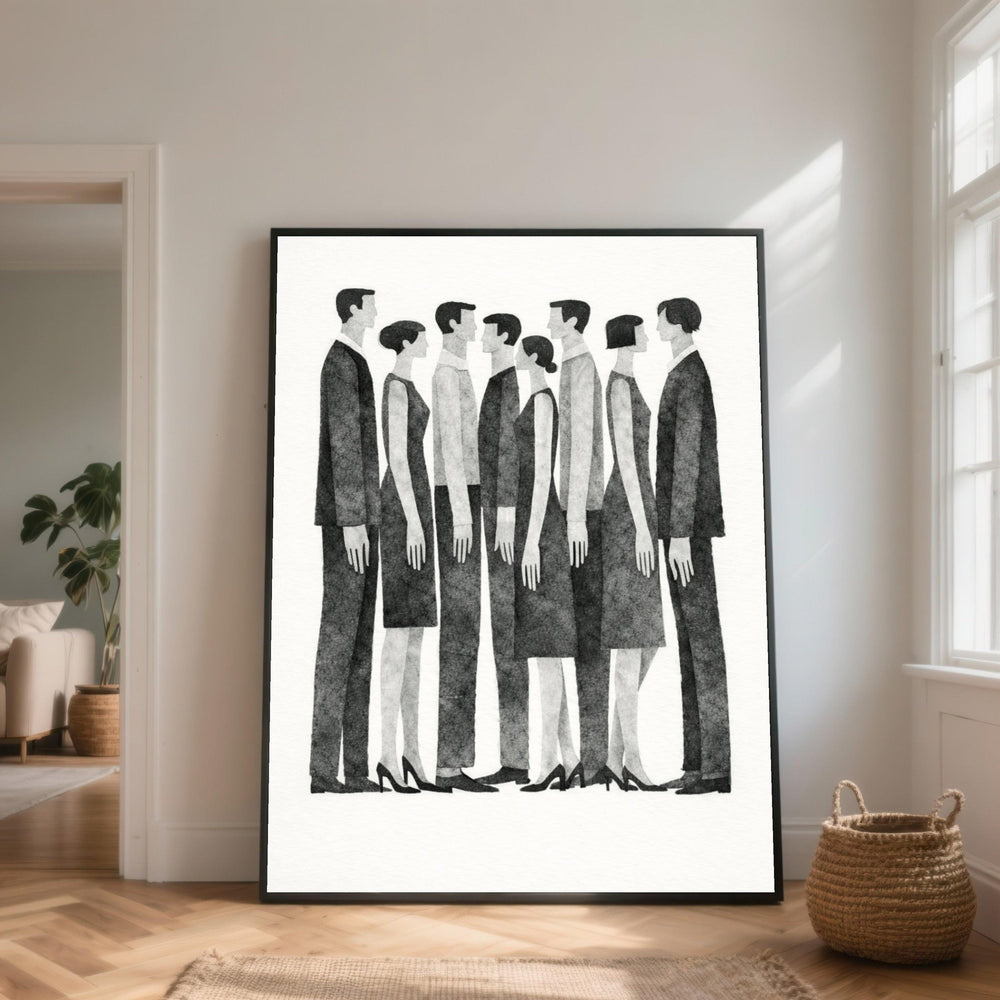 Black and White Figures Canvas, Minimalist People Silhouettes, Contemporary Office Art
