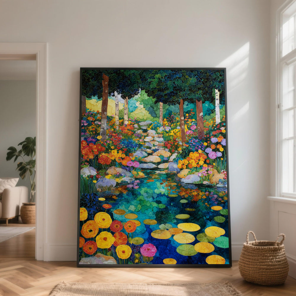 Vibrant Floral Stream Canvas Art, Tranquil Water Lily Garden Scene Wall Decoration