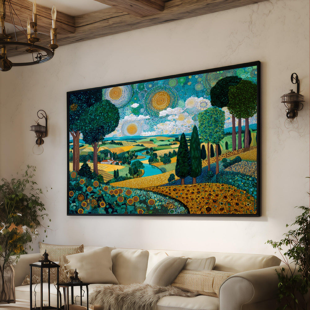 Vibrant Sunflower Field Landscape Canvas Art, Flowing River Tree Painting, Nature Home Decor