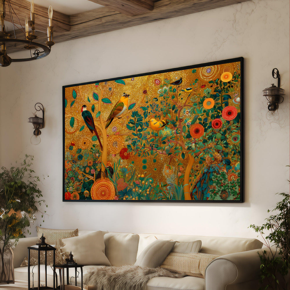 Gustav Klimt Style Birds Garden Canvas, Vibrant Floral Wall Art, Nature Decor