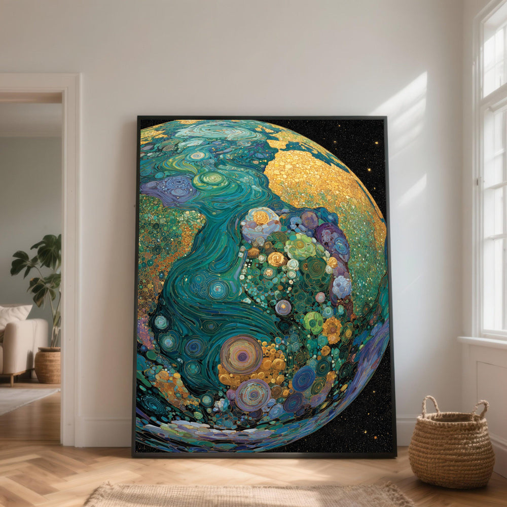 Gustav Klimt Style Earth Globe Canvas Art, Swirling Planet Space Decor