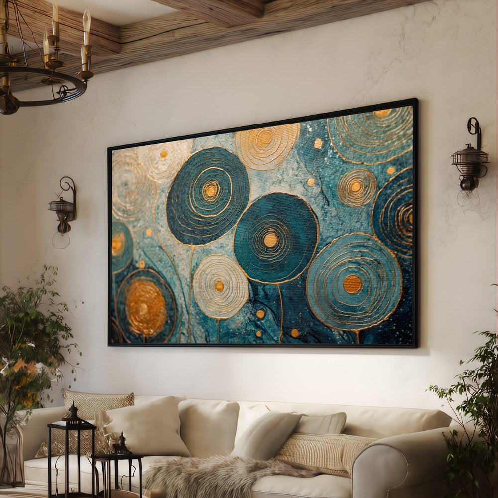 Abstract Blue Gold Circles Canvas, Metallic Geometric Wall Art, Contemporary Home Decoration