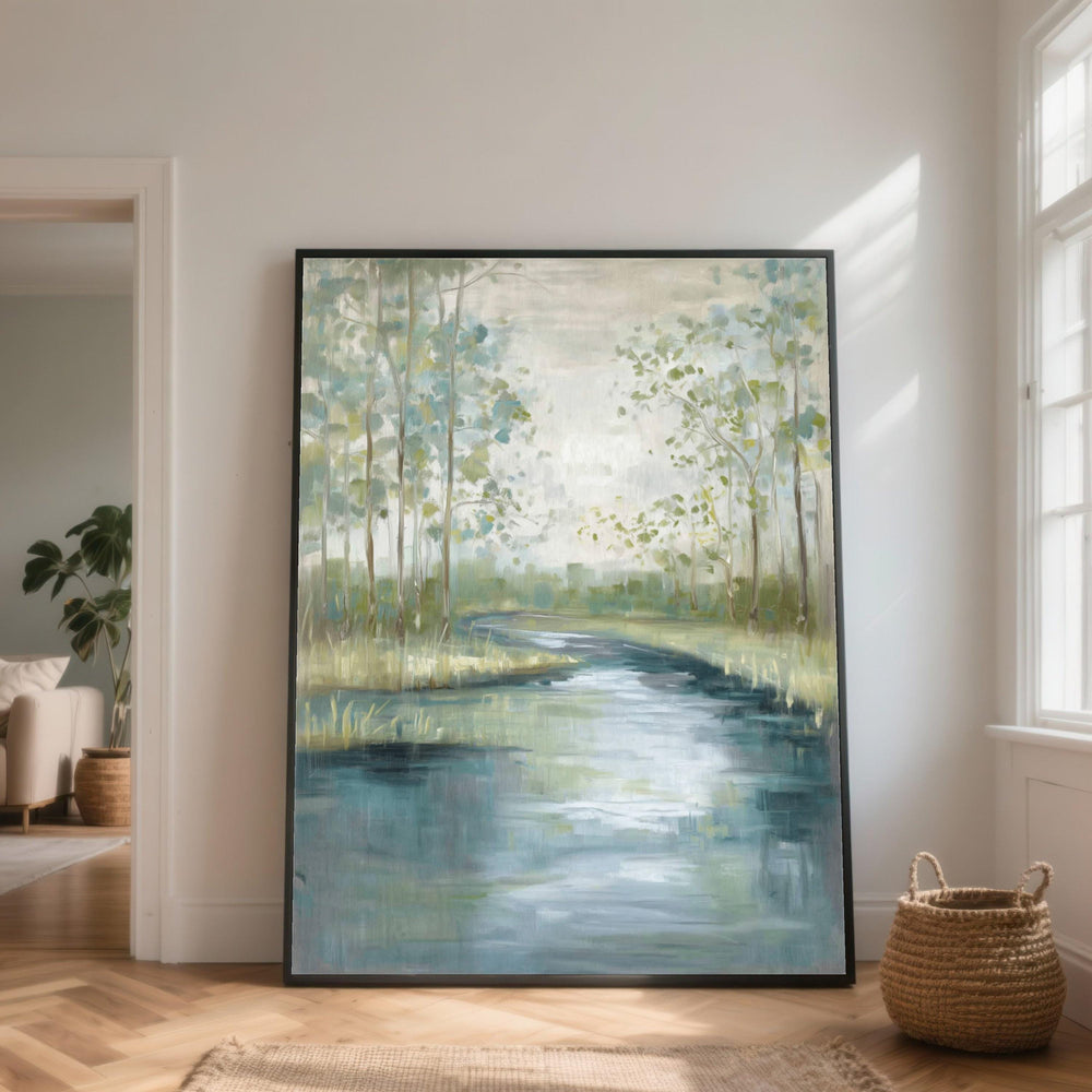 Misty Forest River Path Canvas, Soft Landscape Wall Art, Peaceful Nature Reflection