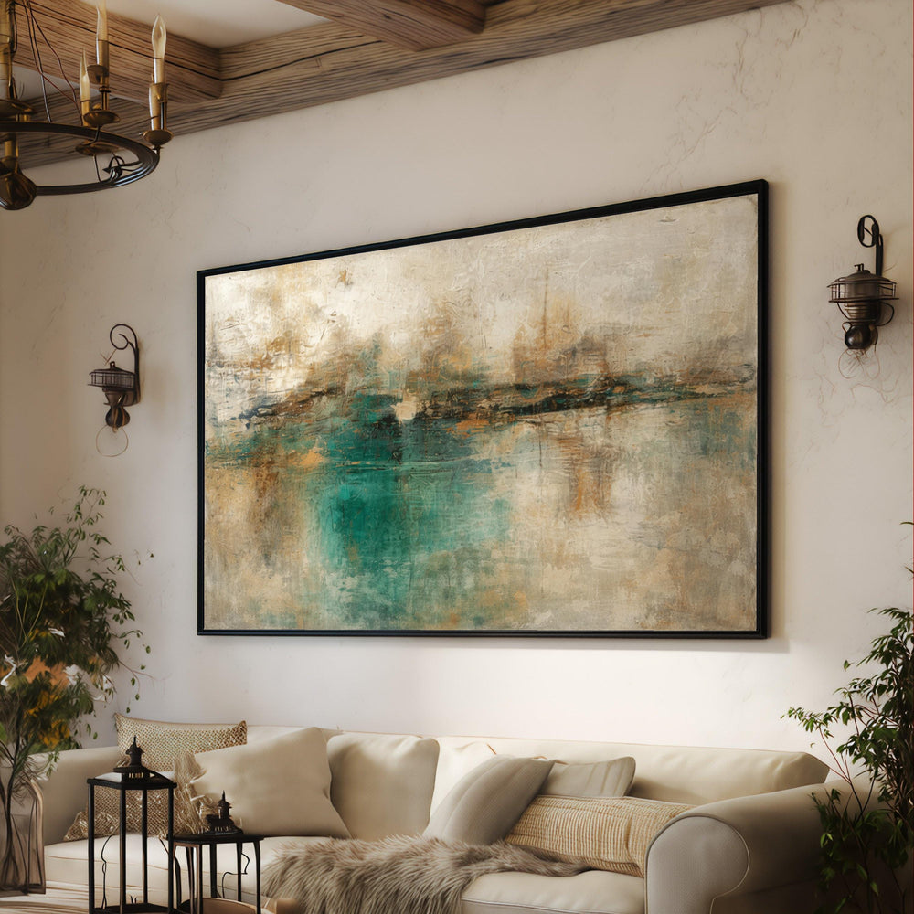 Abstract Earth Tone Canvas Art, Blue Green Rustic Landscape Painting, Modern Home Decor