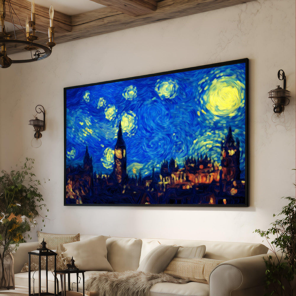 Vibrant Starry Night Cityscape Canvas Print, Abstract Swirling Sky Wall Art