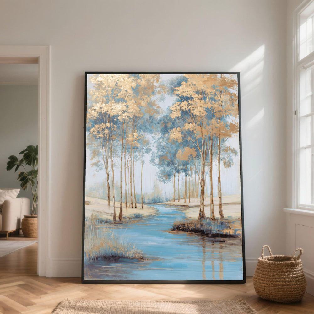 Blue Gold Forest River Landscape Canvas Wall Art, Tranquil Nature Scene Decor