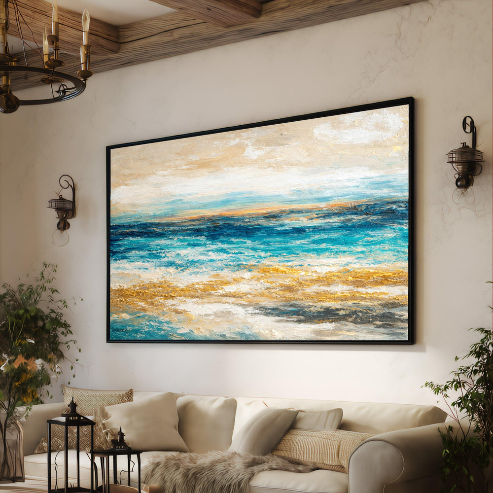 Abstract Ocean Waves Canvas Art, Blue Gold Coastal Seascape Painting, Modern Home Decor