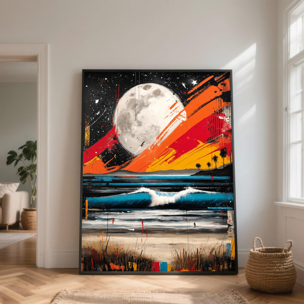 Vibrant Moonlit Beach Canvas, Abstract Ocean Wave Art, Colorful Night Sky Coastal Landscape