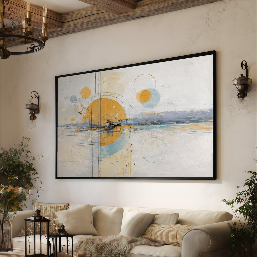 Abstract Geometric Circles Canvas, Blue Mustard Yellow Modern Art Painting