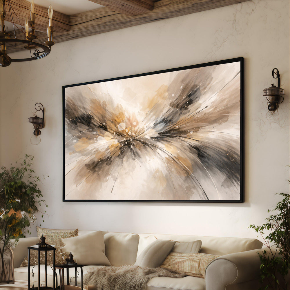 Abstract Explosion Canvas Wall Art, Neutral Tones Painting, Modern Living Room Decor, Beige Black Gold Artwork, Ready to Hang Canvas