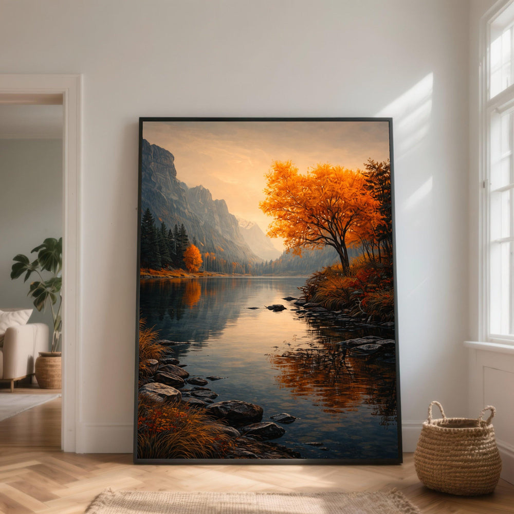 Autumn Mountain River Canvas, Golden Fall Tree Reflection, Tranquil Landscape Wall Art