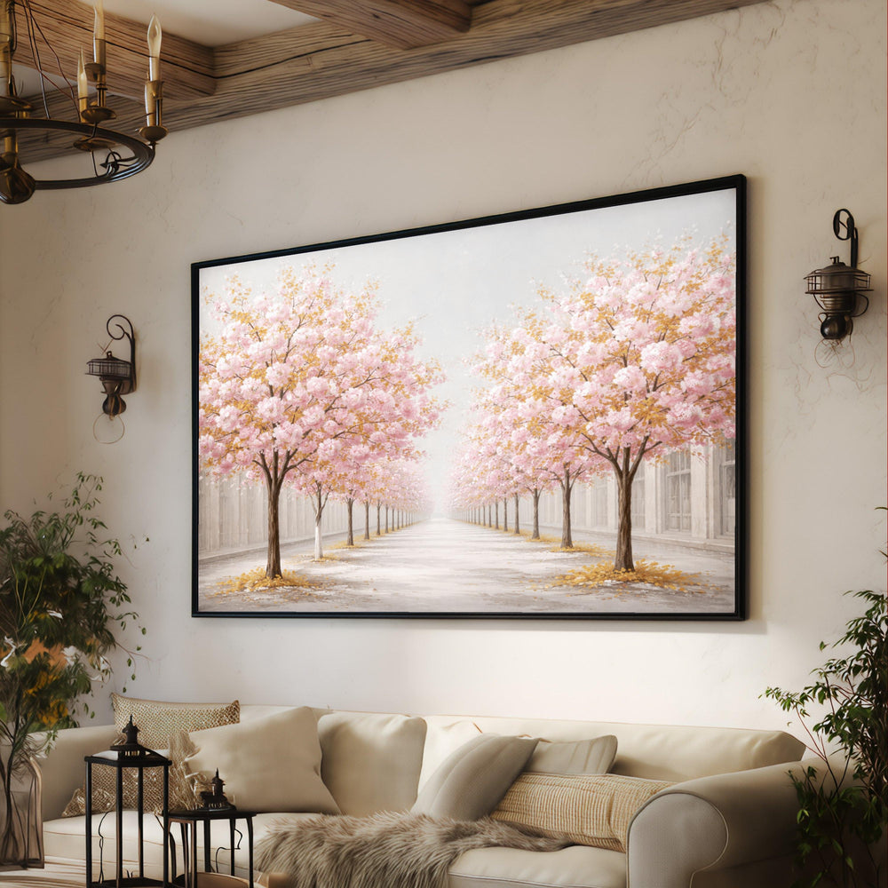 Cherry Blossom Avenue Canvas Print, Pink Flower Trees Landscape Wall Art