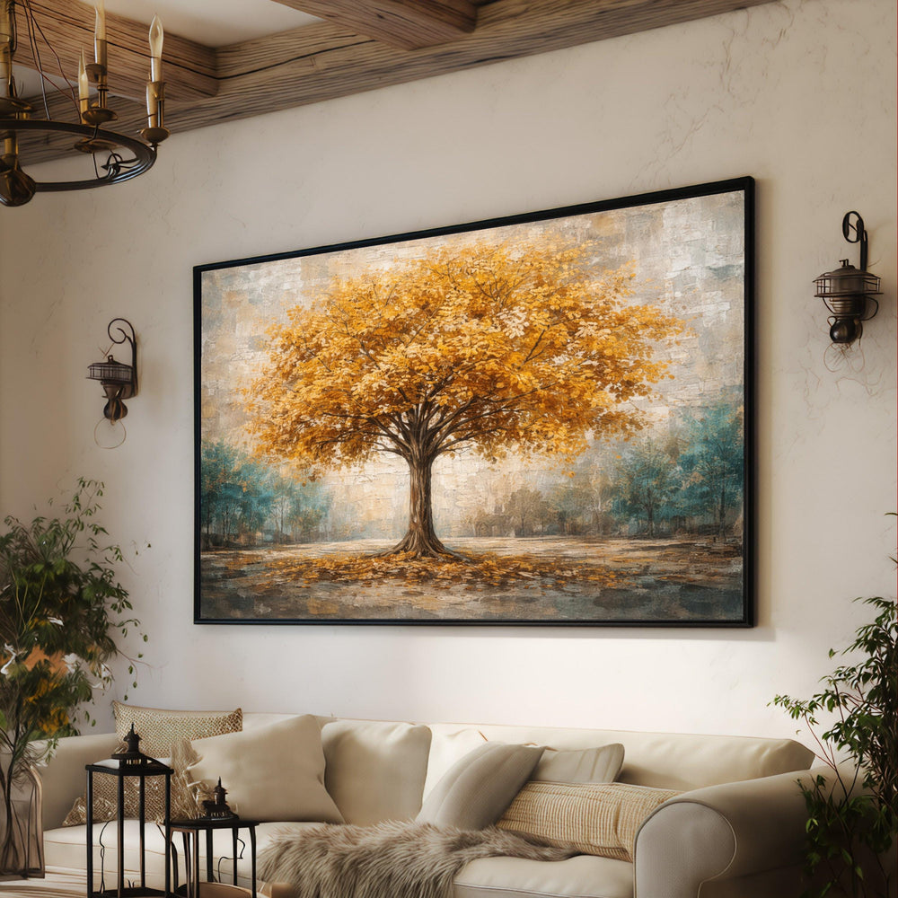 Golden Autumn Tree Landscape Canvas Print, Rustic Fall Wall Art