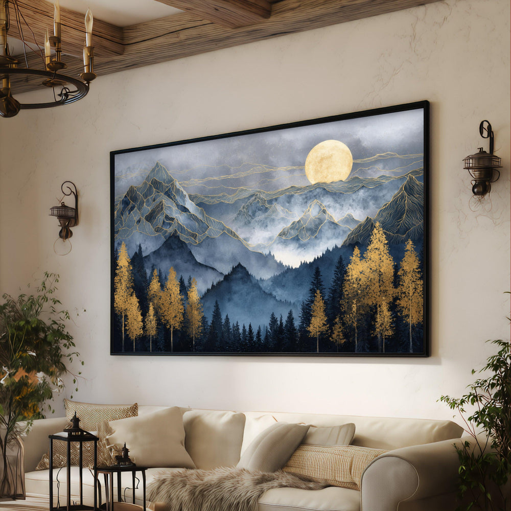 Mystical Mountain Landscape Canvas, Golden Forest Wall Art, Moonlit Night Scenic Decor