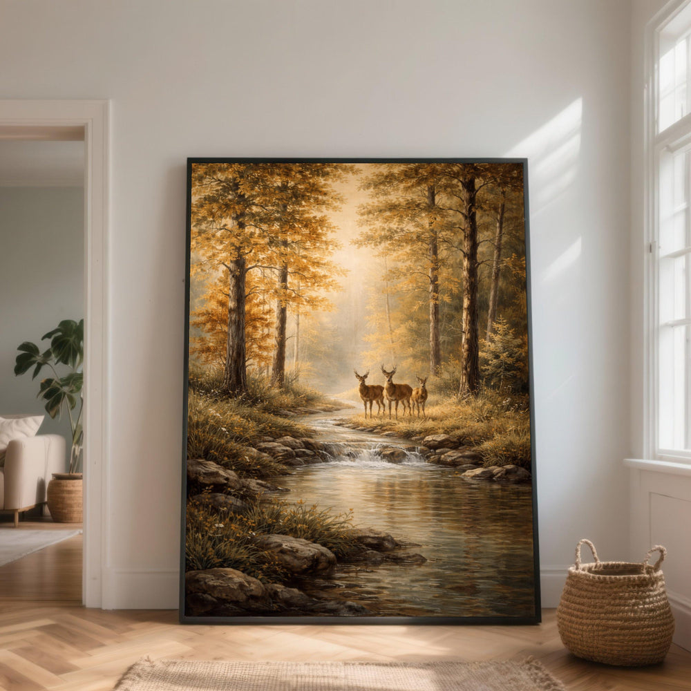 Autumn Forest Stream Deer Canvas, Woodland Landscape Wall Art, Tranquil Wildlife Scene