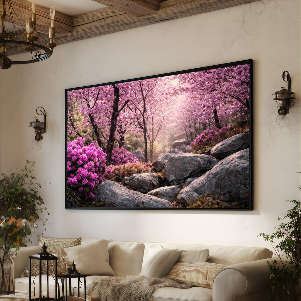 Cherry Blossom Forest Canvas Wall Art, Pink Floral Landscape, Spring Garden Scene