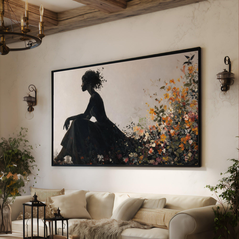 Woman Silhouette Canvas Art, Floral Dress Wall Art, Botanical Portrait, Contemporary Decor