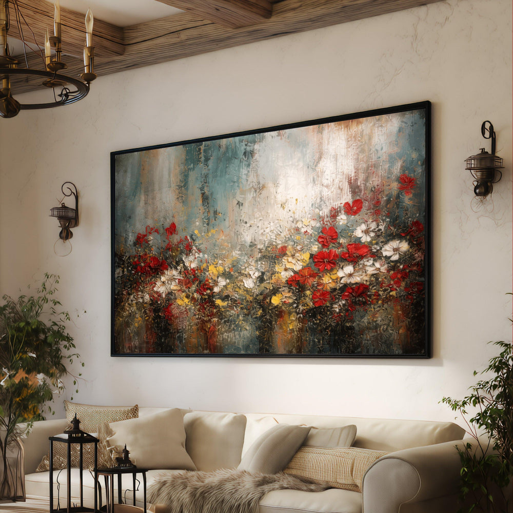 Abstract Floral Canvas Wall Art, Red White Garden Painting, Nature Home Decor