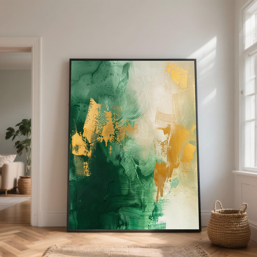 Abstract Green Gold Canvas Art, Contemporary Metallic Wall Decor, Elegant Home Accent