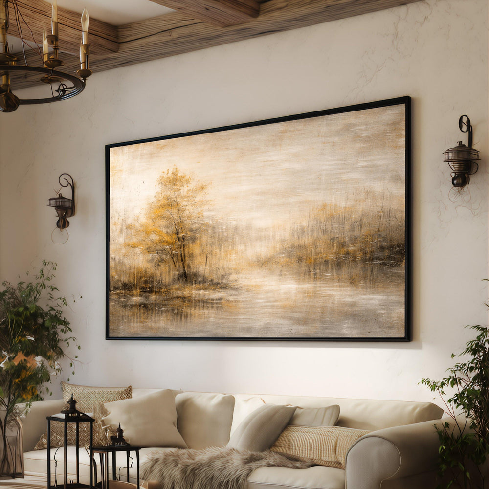 Misty Lake Autumn Trees Canvas Wall Art, Sepia Reflection Painting, Rustic Home Decoration