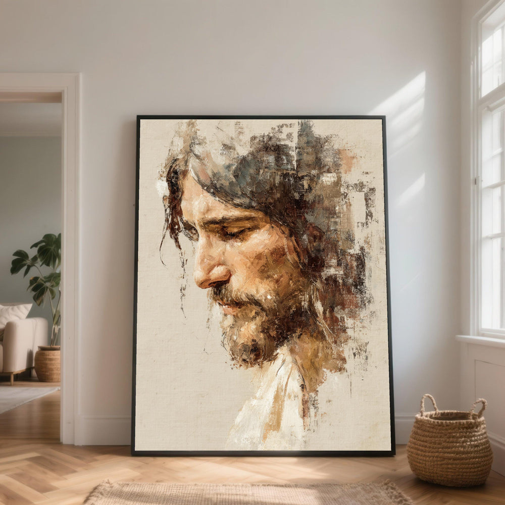 Contemplative Jesus Portrait Canvas, Abstract Religious Wall Art, Spiritual Christian Decor