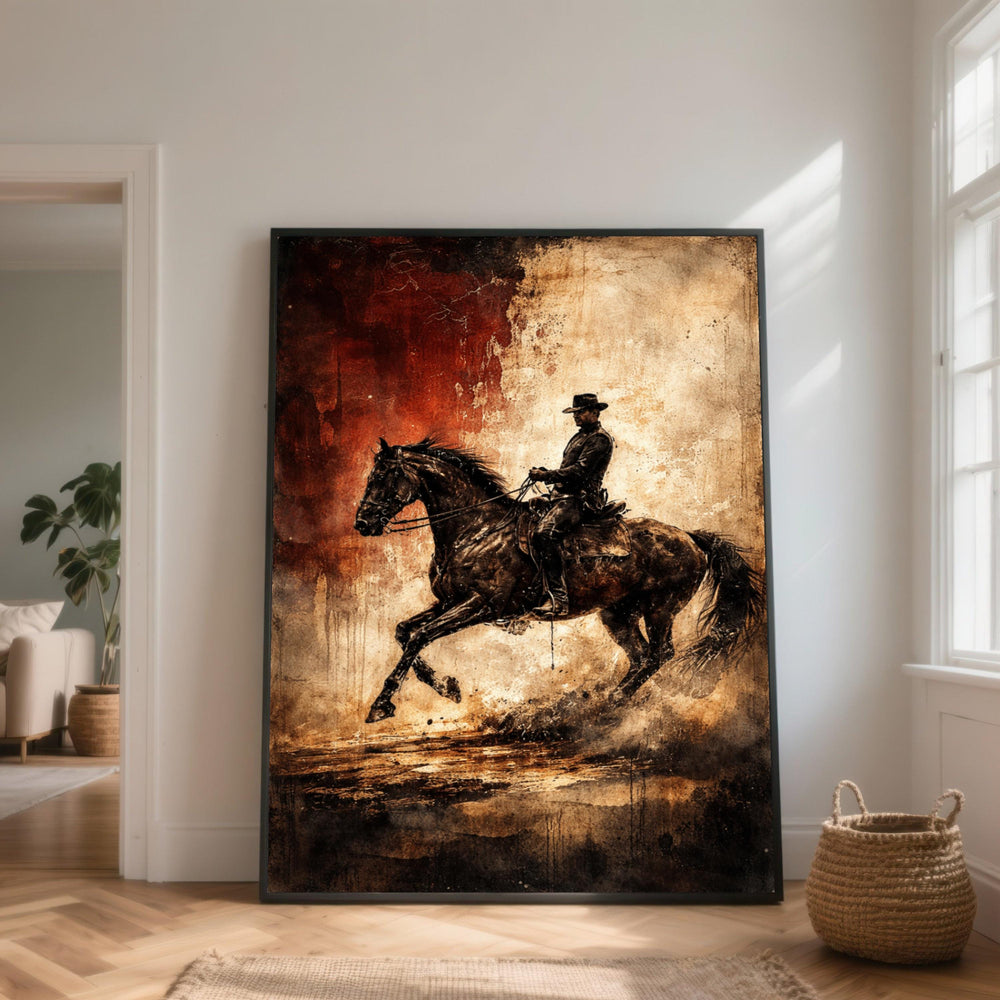 Western Cowboy Riding Horse Canvas Art, Rustic Equestrian Wild West Wall Decor