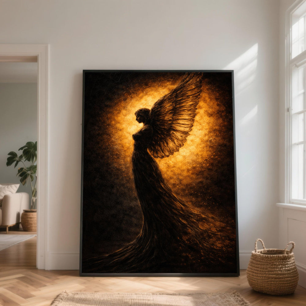 Mystical Angel Silhouette Canvas, Dark Golden Wings Wall Art, Moody Light Painting