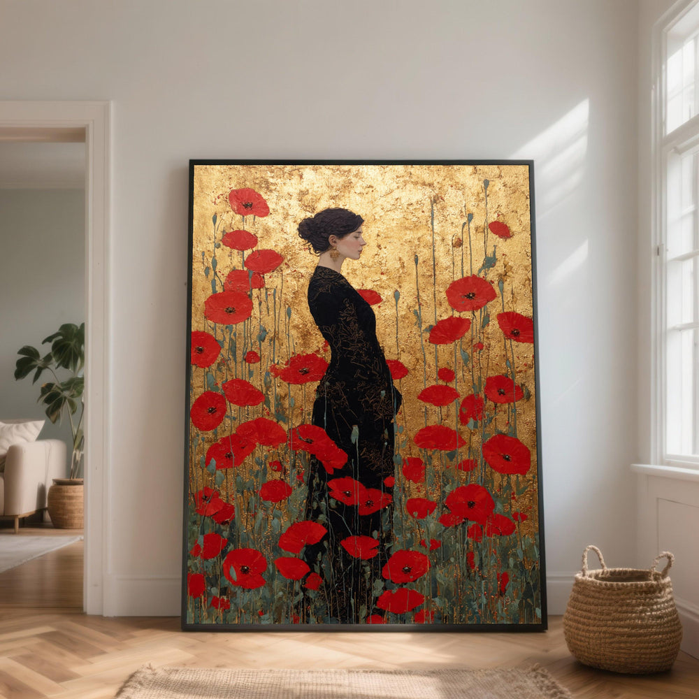 Elegant Woman in Black Dress Canvas, Red Poppy Flowers Art, Gold Leaf Background Wall Decor, Feminine Portrait Canvas, Floral Garden
