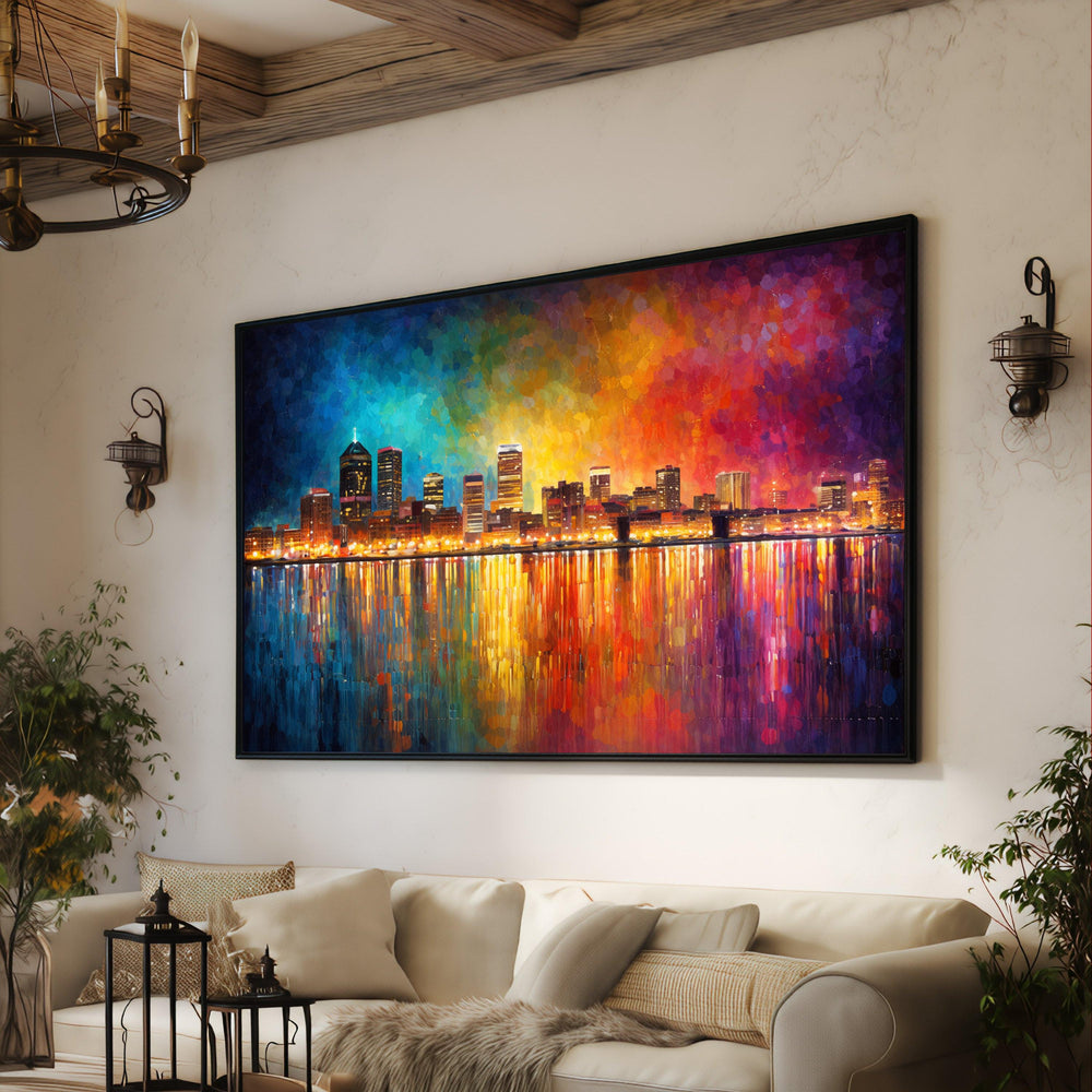 Colorful Cityscape Canvas Wall Art, Modern Urban Skyline Painting, Reflected Lights Decoration