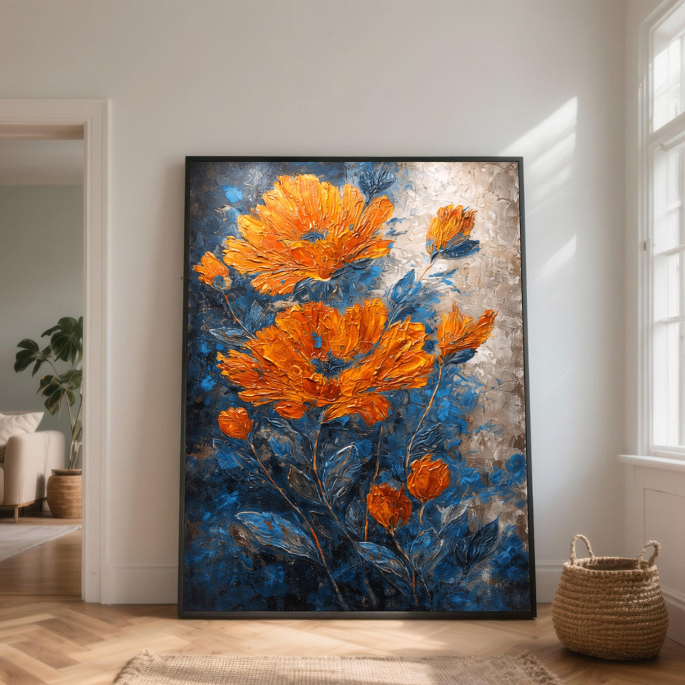 Vibrant Orange Floral Canvas Art, Blue Leaves Painting, Modern Home Decor