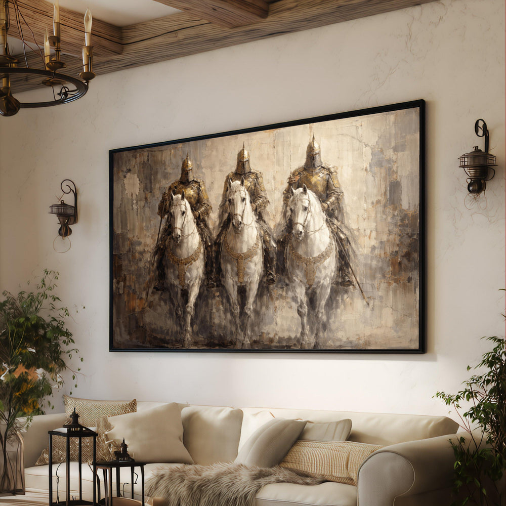 Medieval Knights on White Horses Canvas Art, Historic Armor Equestrian Wall Decor