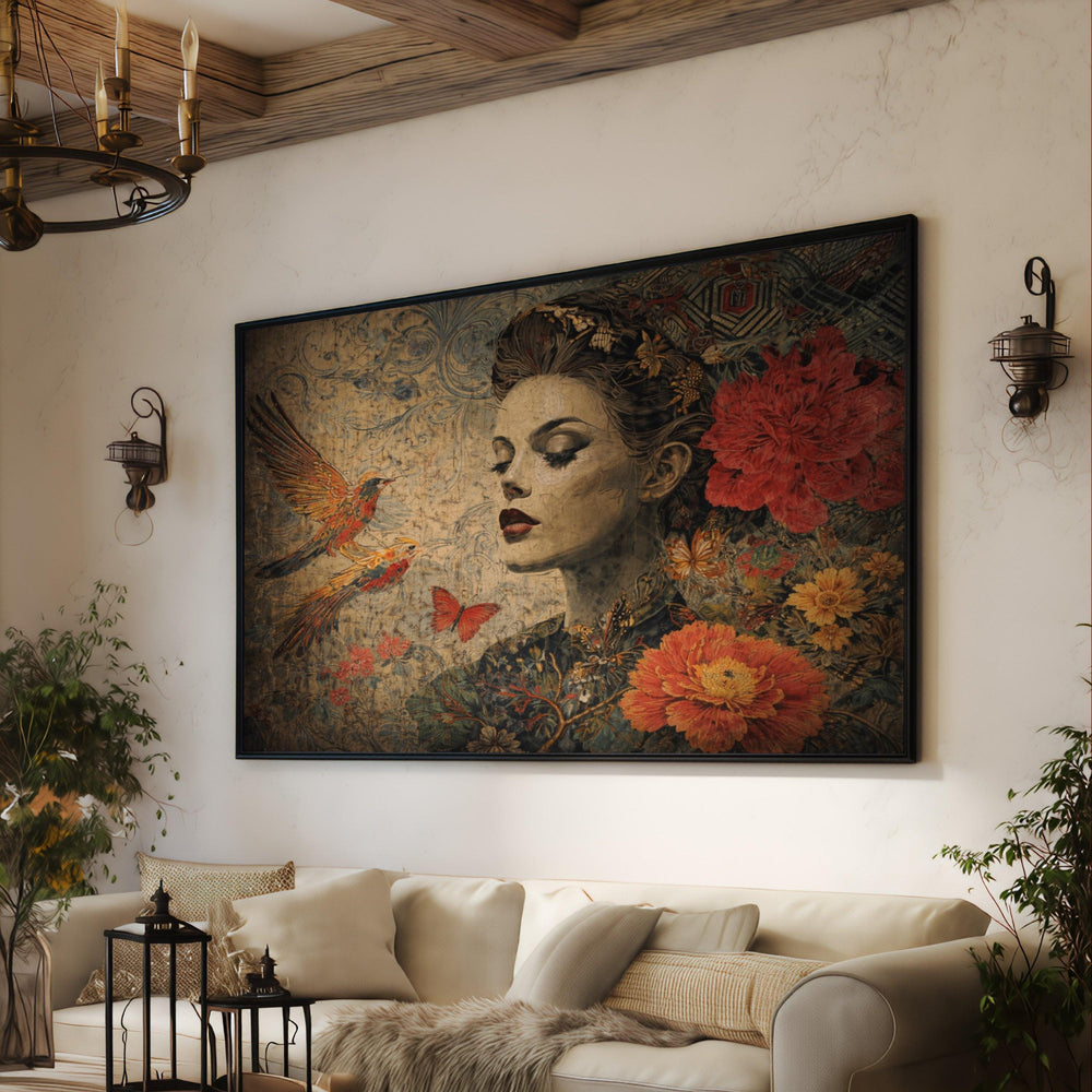 Vintage Woman Portrait Canvas, Floral Wall Art, Bird Butterfly Design, Classic Home Decor