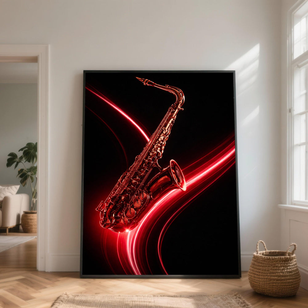 Glowing Red Saxophone Canvas Art, Musical Instrument Jazz Decor