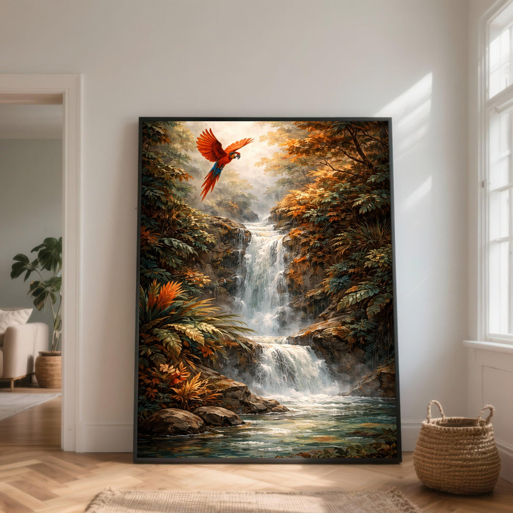 Tropical Waterfall Canvas Art, Parrot Flying Over Cascade, Autumn Forest Scenery Home Decor