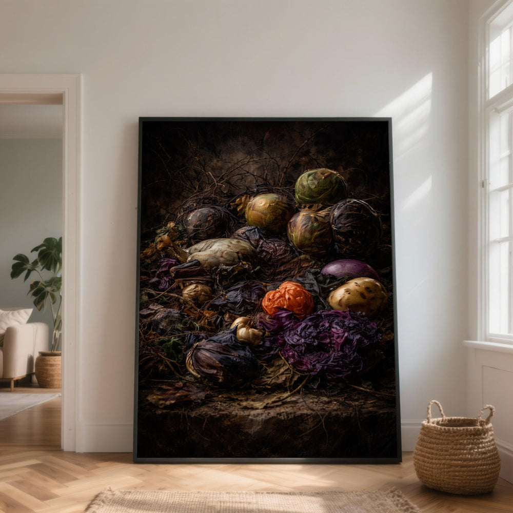 Dark Rustic Still Life Canvas, Decayed Vegetables Harvest Art, Vintage Kitchen Decor