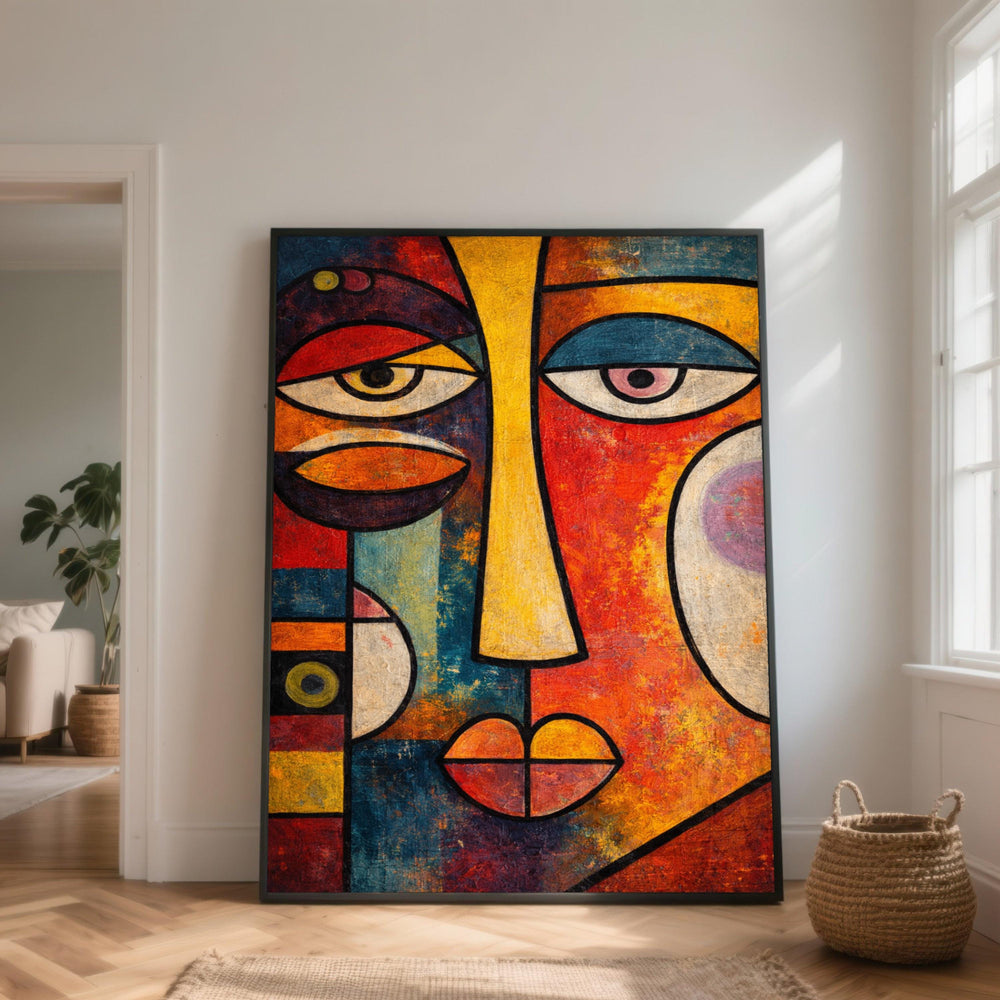 Abstract Face Canvas, Colorful Cubism Wall Art, Geometric Portrait Decoration