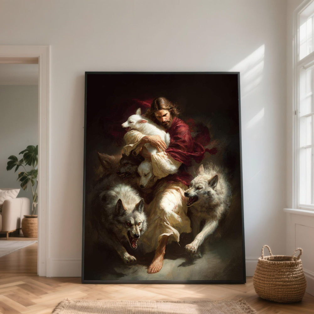 Protective Savior Holding Lamb, Jesus with Wolves Canvas, Religious Spiritual Art, Christian Wall Decor, Faith and Courage Canvas