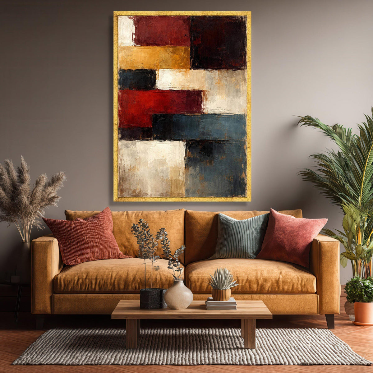 Abstract Geometric Blocks Canvas Wall Art, Modern Colorful Shapes Painting, Rustic Home Decor, Contemporary Wall Art Design
