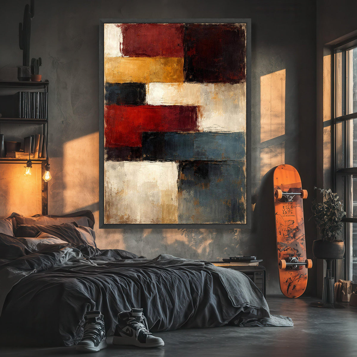 Abstract Geometric Blocks Canvas Wall Art, Modern Colorful Shapes Painting, Rustic Home Decor, Contemporary Wall Art Design