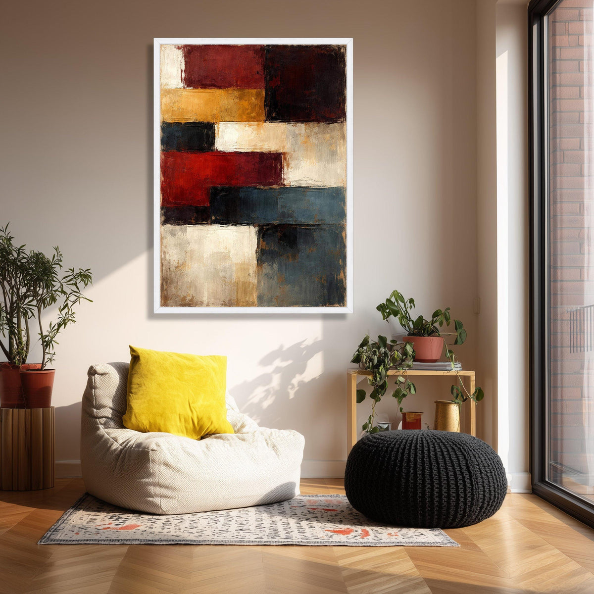 Abstract Geometric Blocks Canvas Wall Art, Modern Colorful Shapes Painting, Rustic Home Decor, Contemporary Wall Art Design