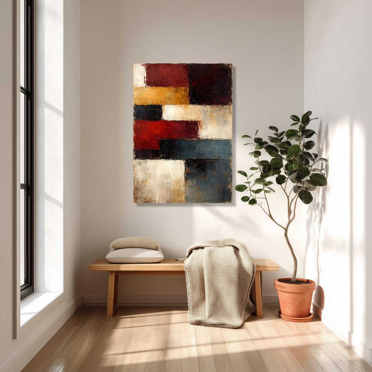Abstract Geometric Blocks Canvas Wall Art, Modern Colorful Shapes Painting, Rustic Home Decor, Contemporary Wall Art Design