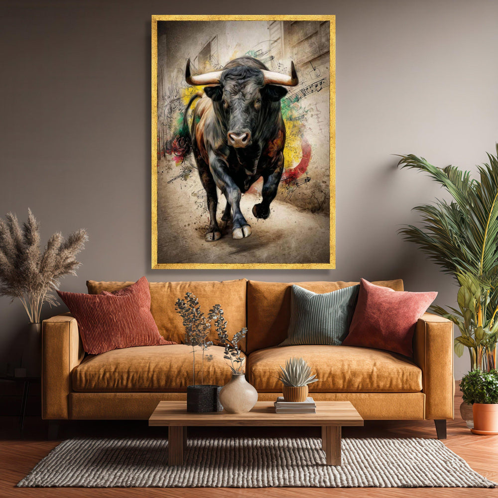 Powerful Bull Charging Canvas Wall Art, Abstract Spanish Bullfighter Painting, Rustic Animal Art, Dynamic Wildlife Decor, Ready to Hang