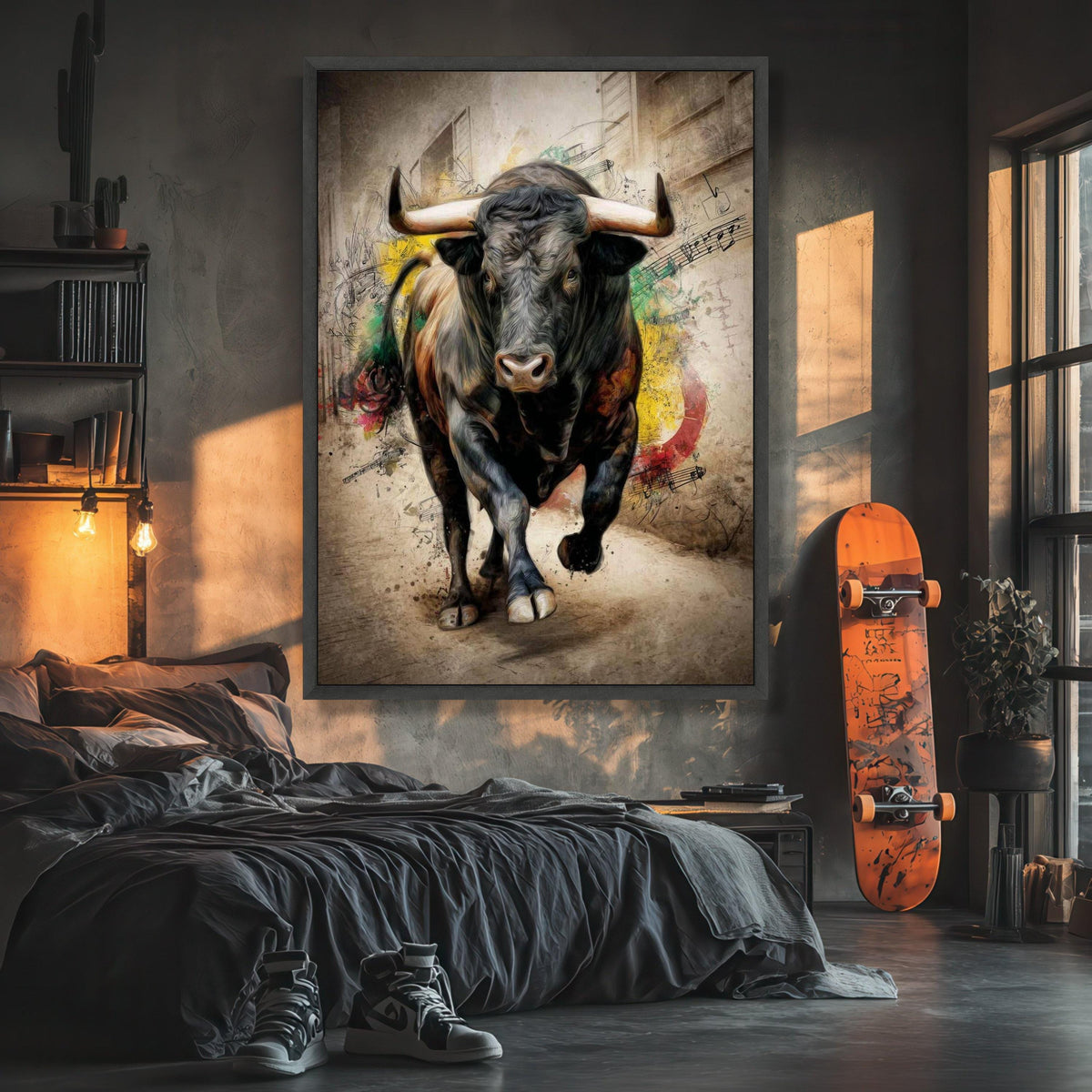 Powerful Bull Charging Canvas Wall Art, Abstract Spanish Bullfighter Painting, Rustic Animal Art, Dynamic Wildlife Decor, Ready to Hang