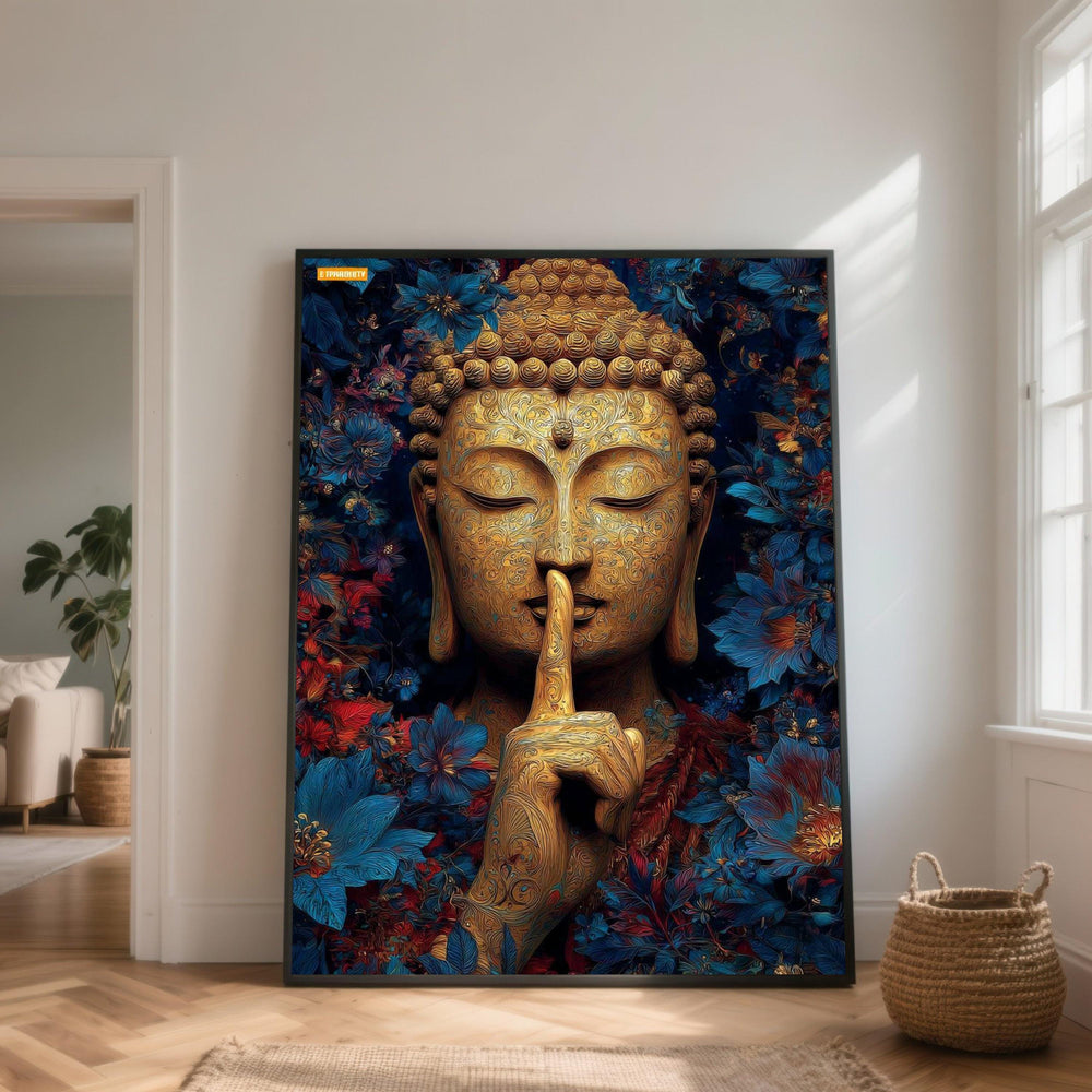 Serene Buddha Silence Canvas, Spiritual Wall Art Decor, Meditation Buddha Art, Floral Patterned Buddha Canvas, Zen Home Decoration