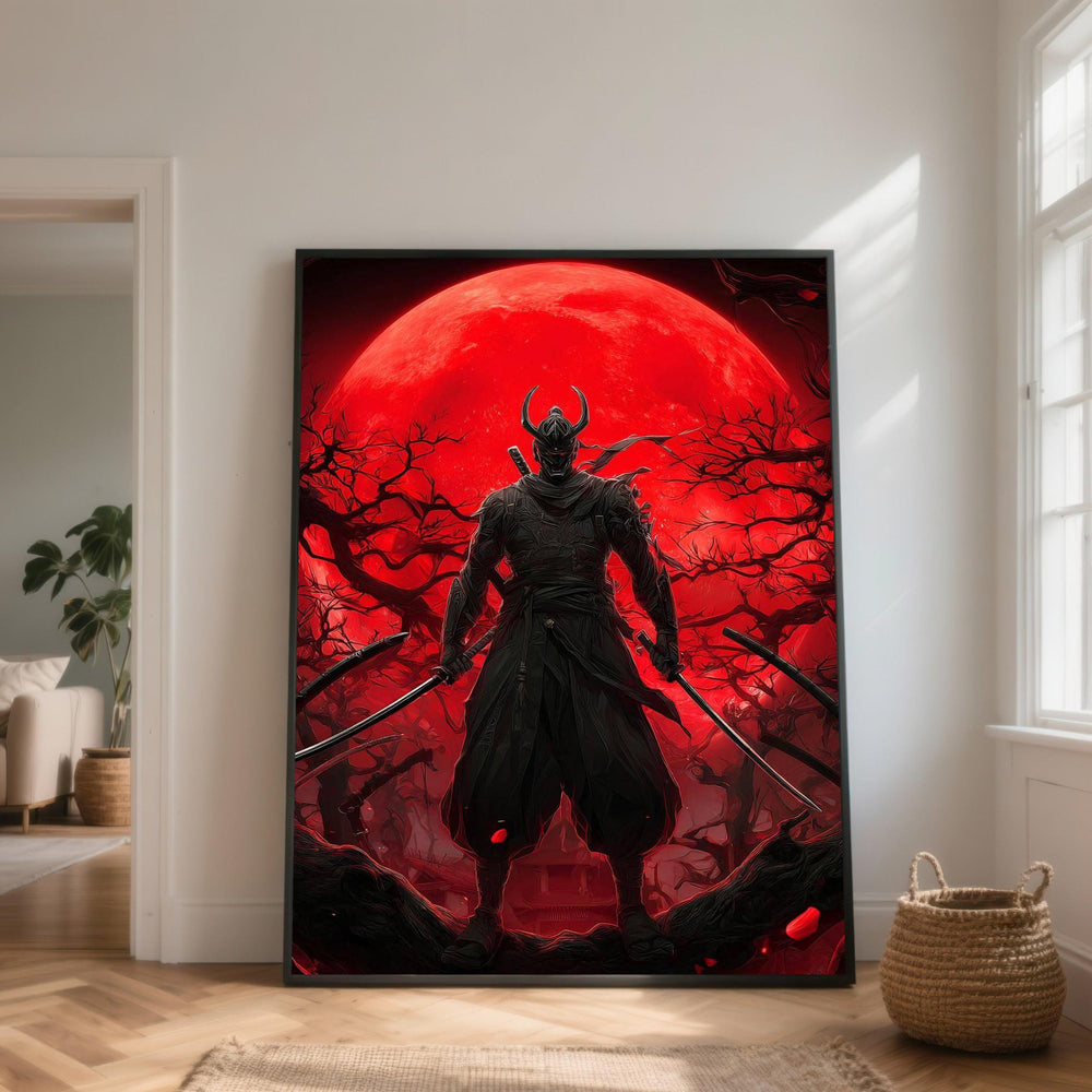 Samurai Warrior with Dual Katanas Canvas, Dark Ninja Art, Red Moon Background, Japanese Warrior Wall Decor, Dramatic Night Scene Canvas