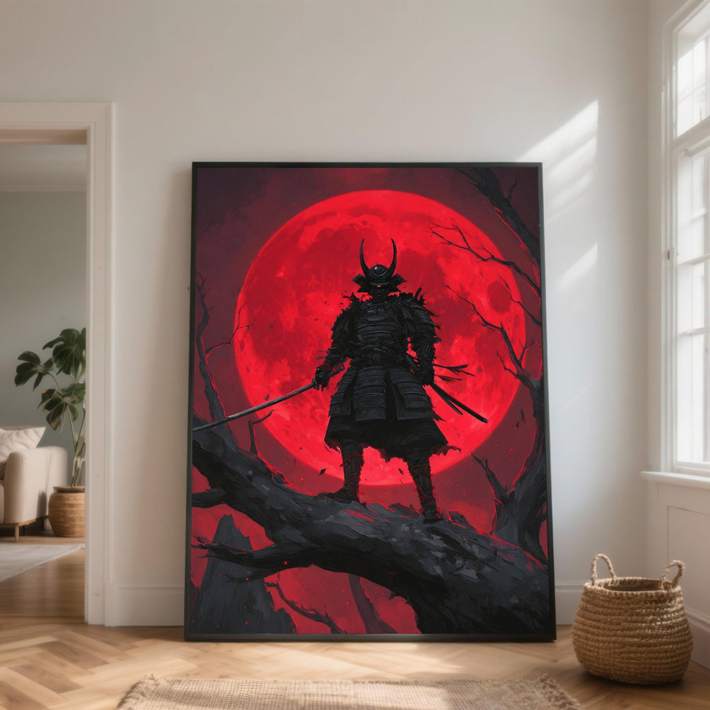 Dark Samurai Warrior Canvas Wall Art, Red Moon Night Scene, Japanese Armor Painting, Dramatic Home Decor, Gothic Fantasy Canvas
