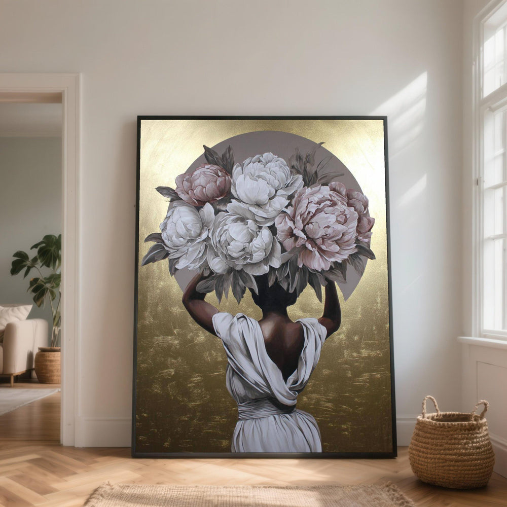 Elegant Woman with Floral Crown Canvas, Peony Bouquet Wall Art, Gold Background Canvas, Feminine Modern Home Decor, Ready to Hang Canvas Art