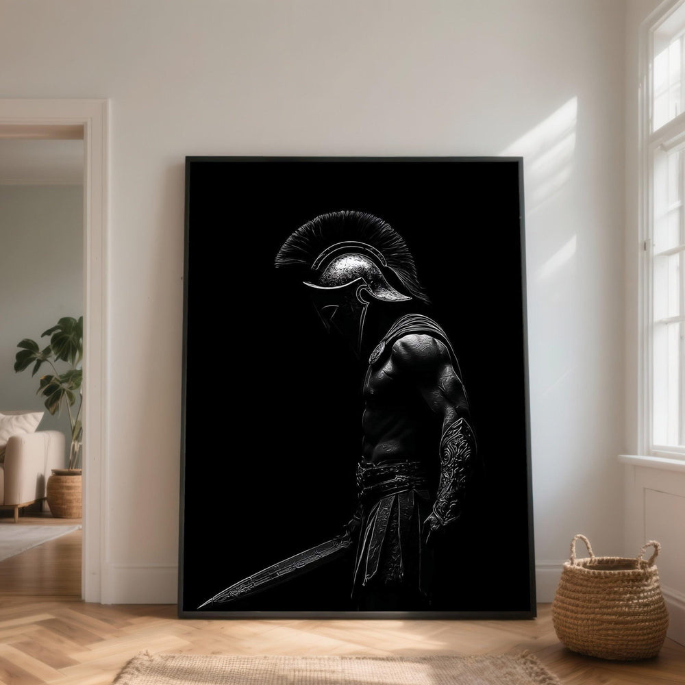 Spartan Warrior Canvas Wall Art, Ancient Greek Soldier Painting, Dark Gladiator Print, Heroic Mythology Decor, Ready to Hang Canvas