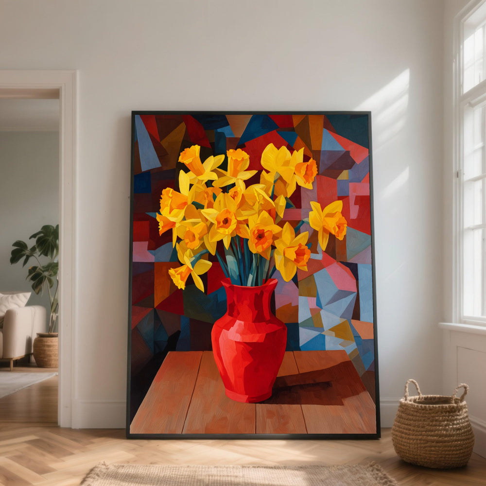 Bright Yellow Daffodils Bouquet in Red Vase Canvas, Floral Still Life Wall Art, Modern Abstract Flower Canvas, Home Decor Accent, Ready to