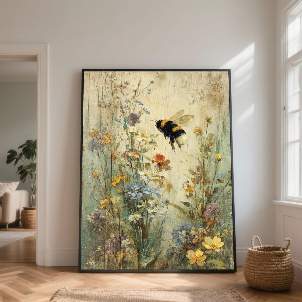 Vintage Floral Garden with Bumblebee Canvas, Rustic Wildflower Wall Art, Home Decor, Botanical Canvas Print, Cottage Style Decoration